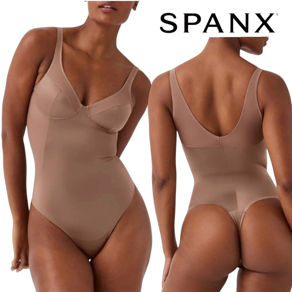 Spanx 3XL Satin Mesh Cafe AuLait Brown Thong Bodysuit Shapewear Underwire Bridal